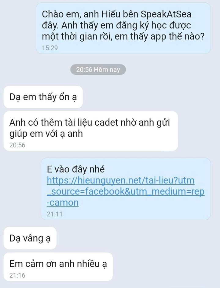 Học viên: em thấy ổn, xin thêm tài liệu cadet